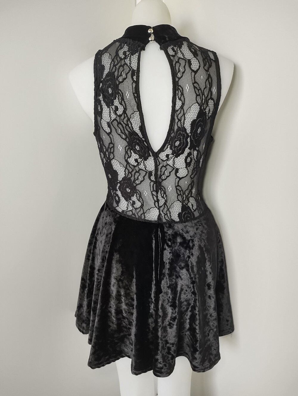 Revamped Black Crushed Velvet Mock Neck Skater Romper Dress - Picture 3 of 12